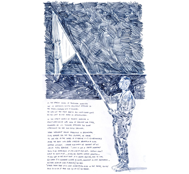Army Staff Sgt. Brian Arbuckle, a regimental flag bearer, is shown in this sketch of a ramp ceremony in Afghanistan. These ceremonies are usually held at night, at different times as a precaution, to honor a fallen soldier.
