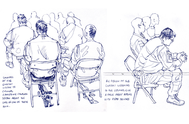  Squadmates of Spec. Brian Arsenault of the 1st Battalion, 504th Regiment, who had been killed by small arms fire near the end of his deployment, gather in Ghazni, Afghanistan, to listen to officers talk about Arsenault and the importance of what they were doing in Afghanistan.