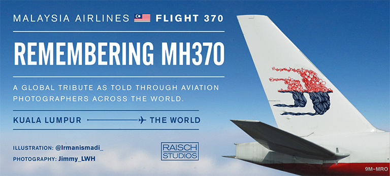 'Remembering MH370' graphic for the Photo Tribute done by Michael Raisch, in collaboration with plane-spotters around the globe.