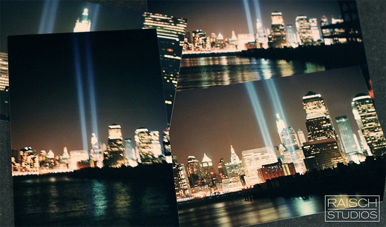 The 'Tribute in Light' photographed by Michael Raisch during the 6 Month marking since the 9/11 attacks in March of 2002.