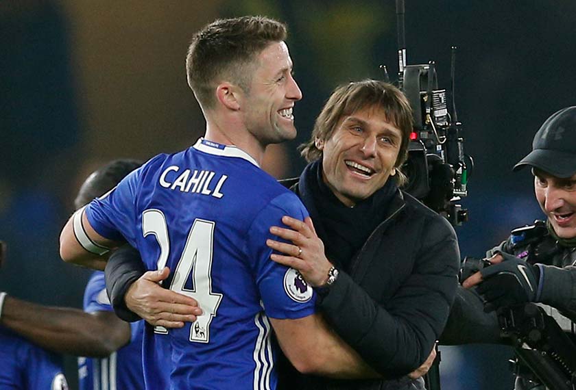 Chelsea manager Antonio Conte with Chelsea's Gary Cahill after the match. 