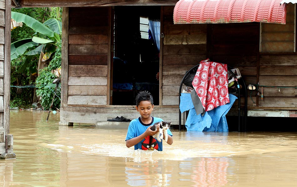 Muhammad Haikal Aqasyah Taib, 11, mendukung seekor kucing untuk dibawa ke tempat selamat selepas rumahnya ditenggelami banjir di Pekan Changlun hari ini. Kira-kira 600 buah rumah melibatkan lebih 1,000 penduduk di lapan buah kampung sekitar Changlun mengalami banjir selepas hujan lebat sejak dua hari lepas. - Foto BERNAMA Muhammad Haikal Aqasyah Taib, 11, mendukung seekor kucing untuk dibawa ke tempat selamat selepas rumahnya ditenggelami banjir di Pekan Changlun hari ini. Kira-kira 600 buah rumah melibatkan lebih 1,000 penduduk di lapan buah kampung sekitar Changlun mengalami banjir selepas hujan lebat sejak dua hari lepas. - Foto BERNAMA