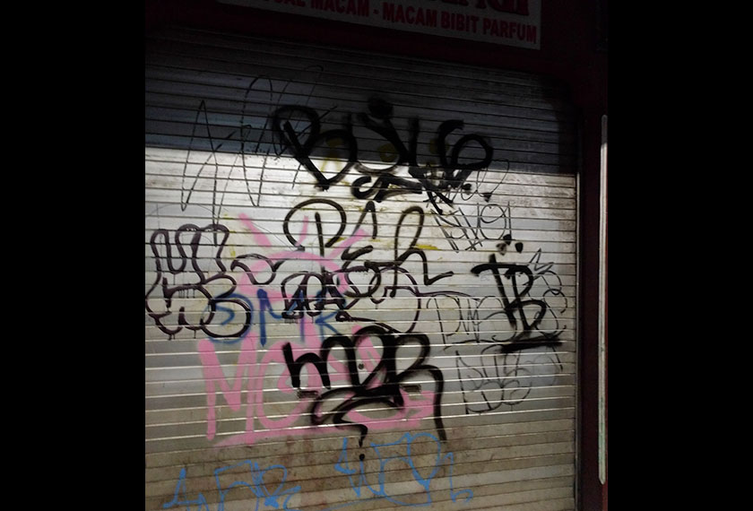 One of the many shops in Lontar Atas street in Tanah Abang with graffitis. - Karim Raslan Photo