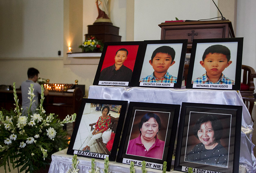 The six victims of the Santa Maria Catholic Church attack conducted on motorcycles by Dita Oepriarto’s two sons, aged 18 and 16. Fully Syafi/Ceritalah