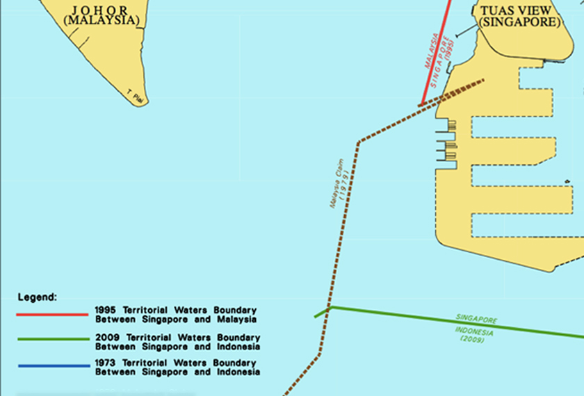 Peta 1. Sempadan Maritim Malaysia-Singapura Berakhir di Pelabuhan Tuas, Seperti yang ditunjukkan oleh Garis Merah dalam peta ini  (Sumber: Maritime and Port Authority of Singapore)