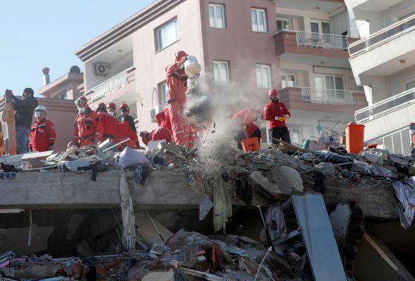 At least 20 buildings in Izmir were destroyed and the rescue work was taking place as hundreds of aftershocks hit the area. At least 20 buildings in Izmir were destroyed and the rescue work was taking place as hundreds of aftershocks hit the area.
