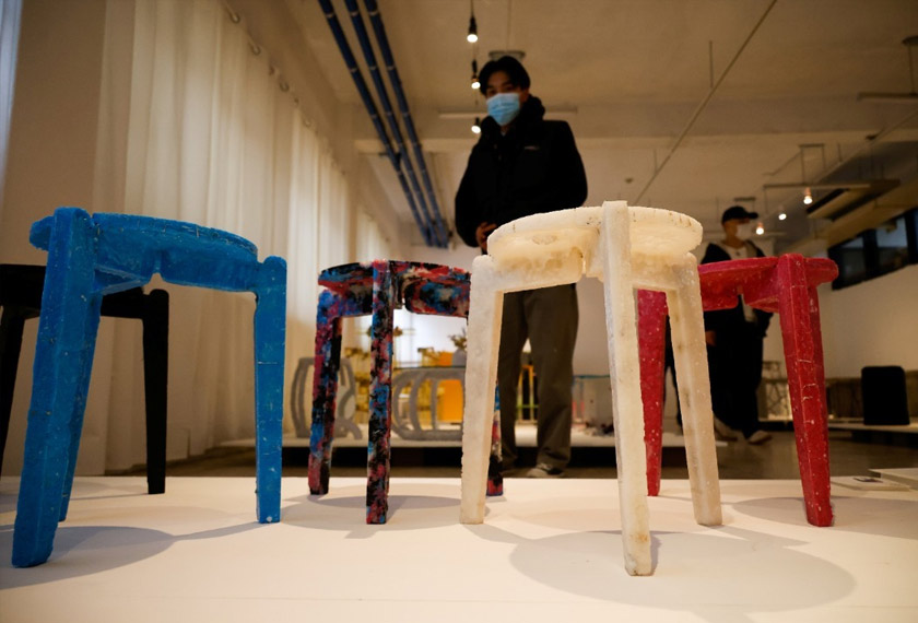 Upcycled stools from discarded protective masks by Kim Ha-neul, majoring in furniture design, are displayed at a graduation exhibition in Uiwang, South Korea. REUTERSpic