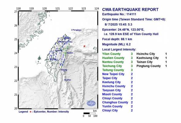 Gempa magnitud 6.2 gegar pantai timur laut Taiwan