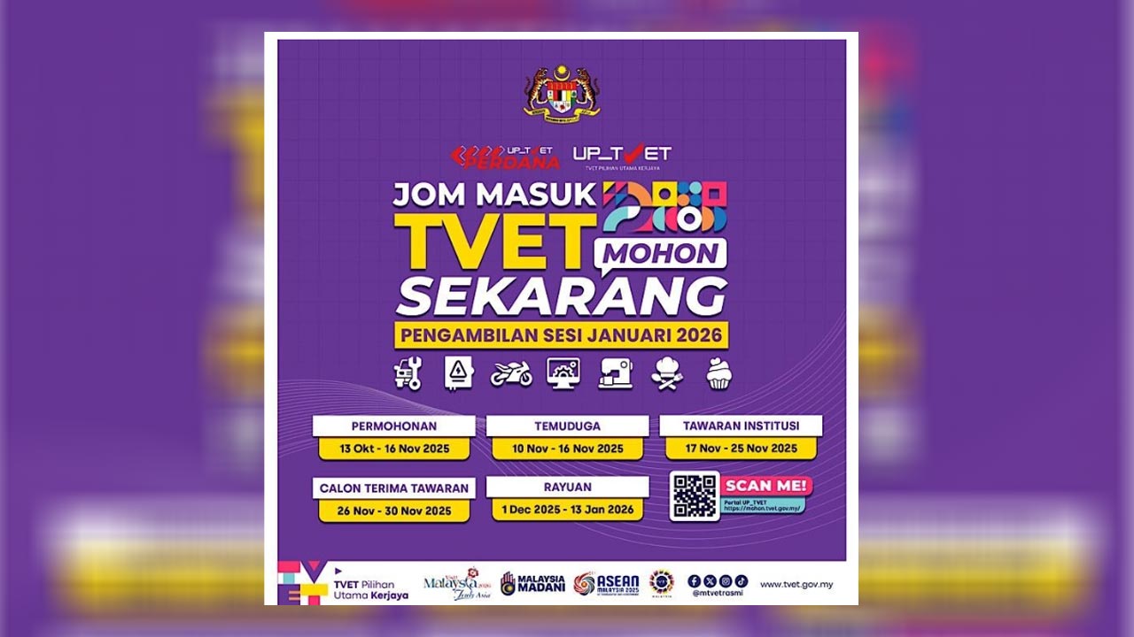 Permohonan kemasukan Institusi TVET Awam sesi Januari 2026 kini dibuka