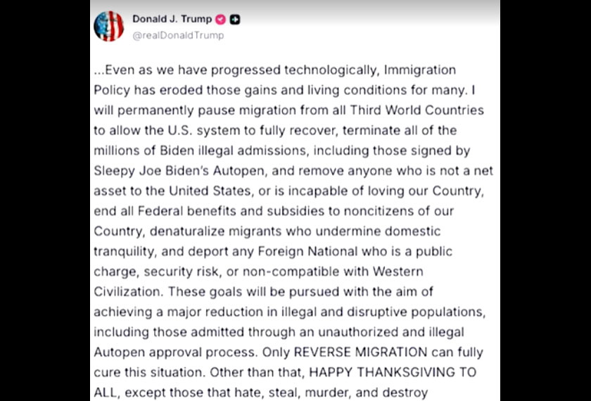 Screenshot of US President Donald Trump's Truth Social post, November 27, 2025. - via REUTERS