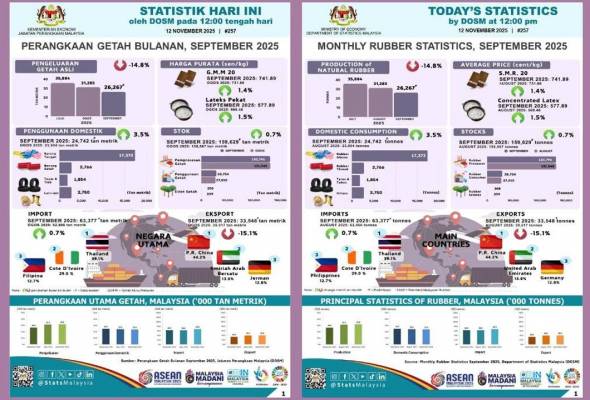 Pengeluaran getah asli susut 14.8 peratus pada September 2025 - DOSM