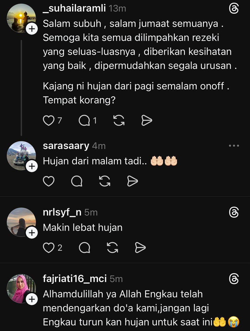 Di Kajang pula, Suhailaramli memaklumkan hujan turun sejak pagi semalam secara berselang-seli, manakala Nessu dari Shah Alam menulis: “Seksyen 13 masih hujan dan tidak lagi berhenti.”