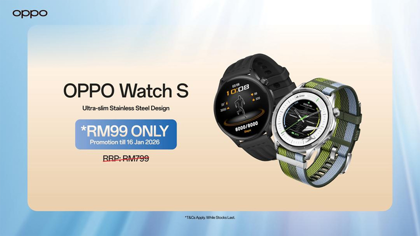 OPPO Watch S ditawarkan pada harga promosi RM99 bagi pembelian OPPO Reno15 Series 5G, menampilkan rekaan keluli tahan karat ultra nipis serta sokongan penjejakan aktiviti harian. - Gambar OPPO